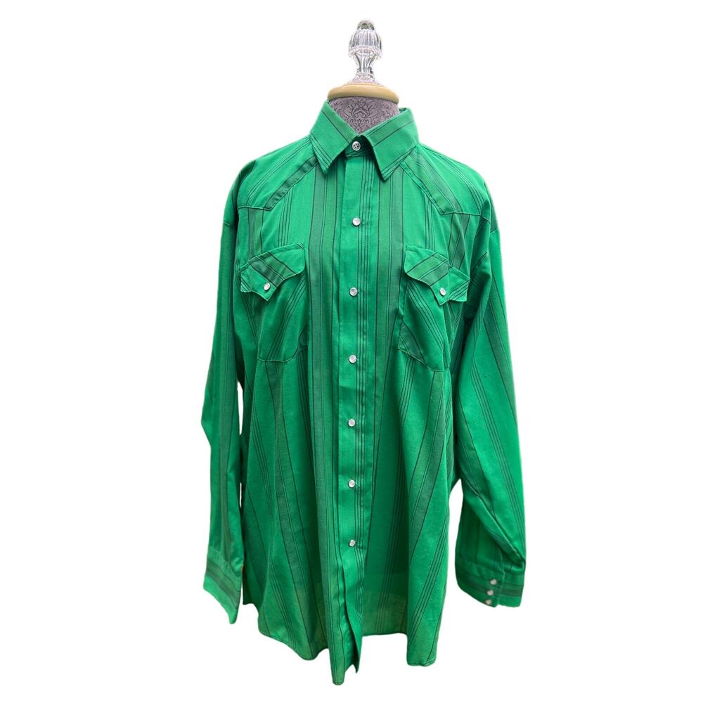 Vintage Ranch and Town Men's green long sleeve pearl snap western shirt size 17